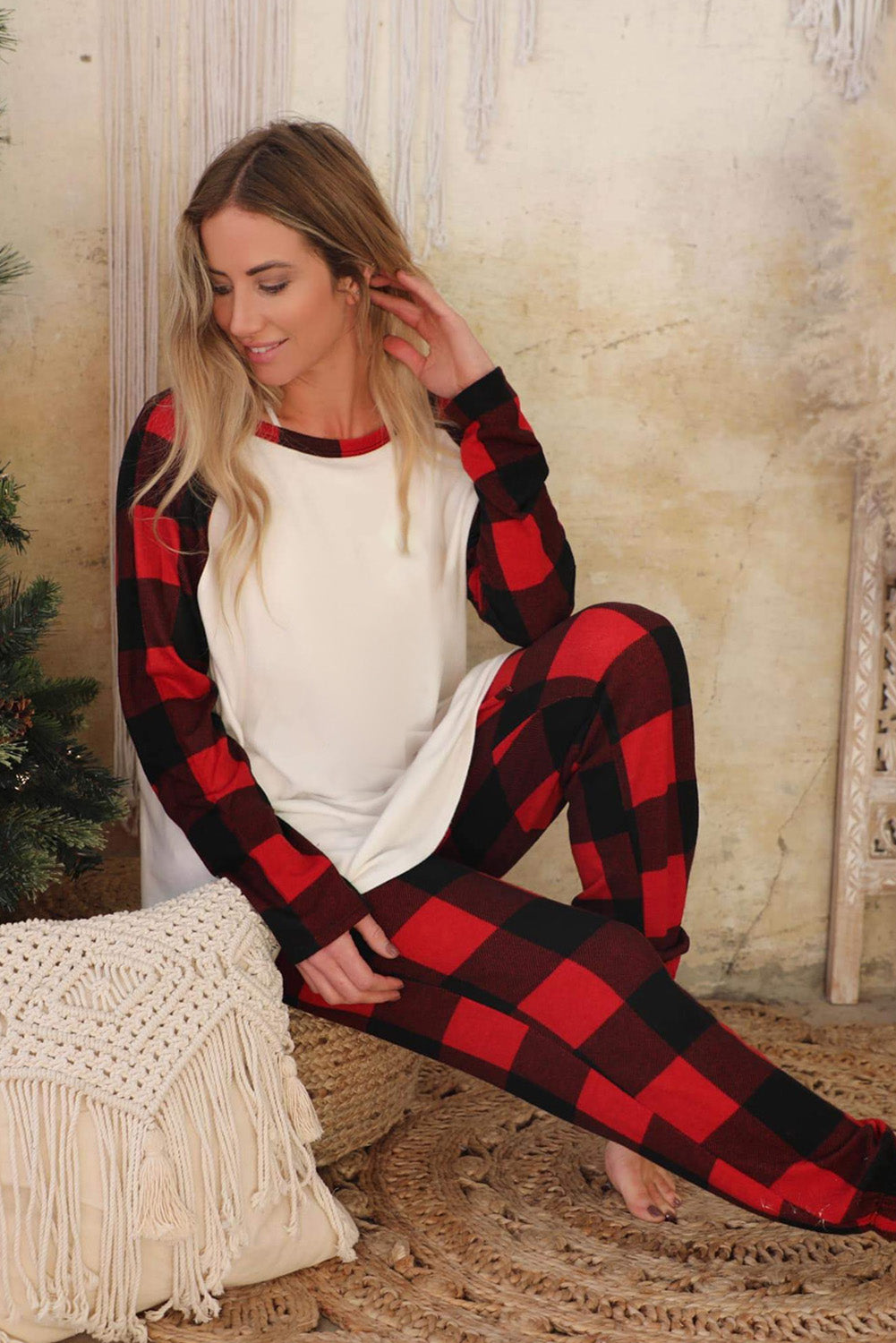 Plaid Raglan Sleeves Top and Drawstring Pants Lounge Set