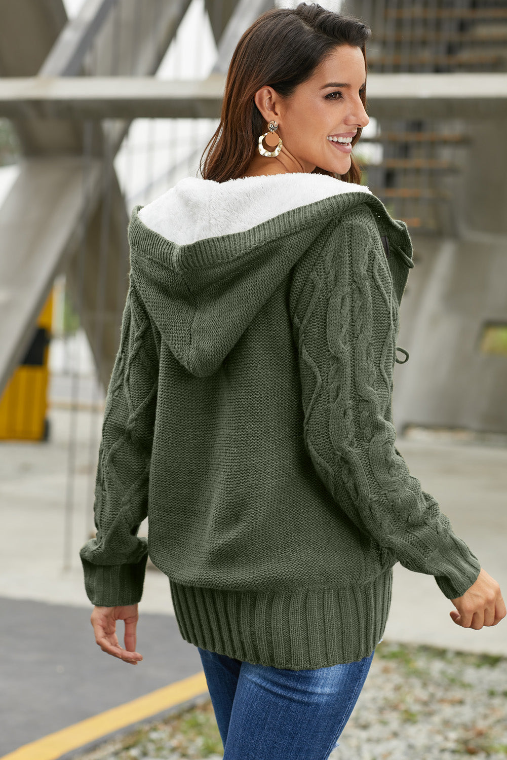 Army Green Fur Hood Horn Button Sweater Cardigan