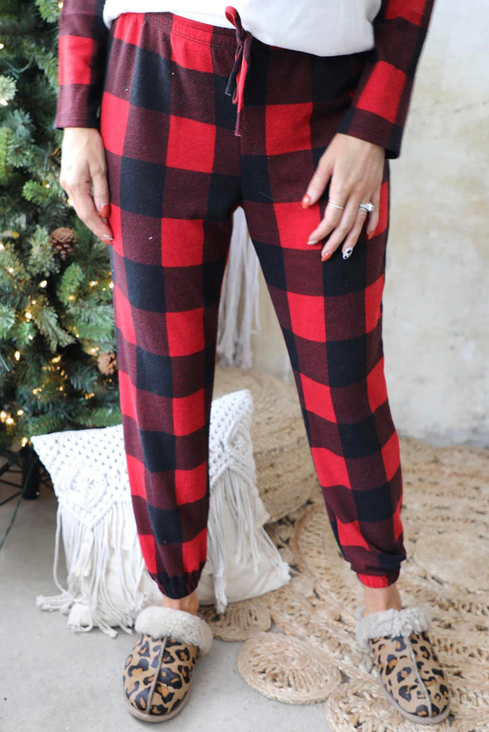 Plaid Raglan Sleeves Top and Drawstring Pants Lounge Set