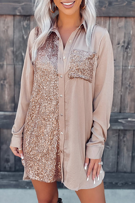 Khaki Sequin Splicing Pocket Buttoned Shirt Dress