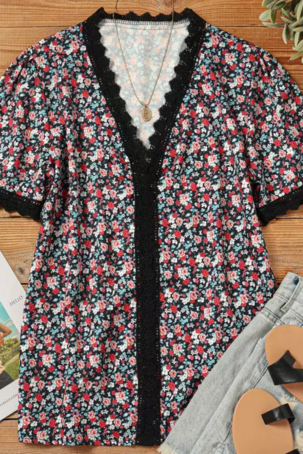 Multicolor Ditsy Floral Lace Trim Casual Blouse