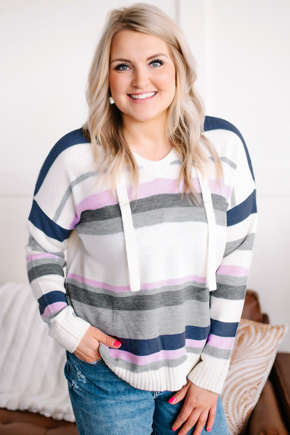 Plus Size Striped Hooded Knit Sweater