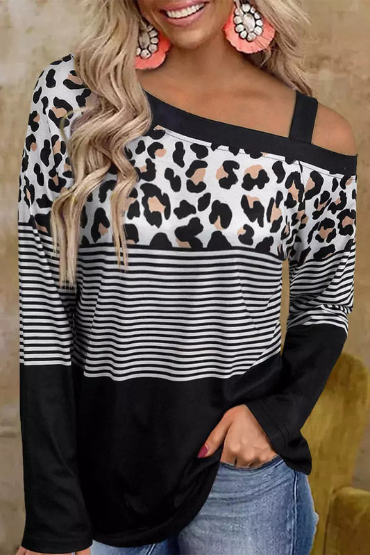 Leopard Striped Slash Collar Long Sleeve Blouse