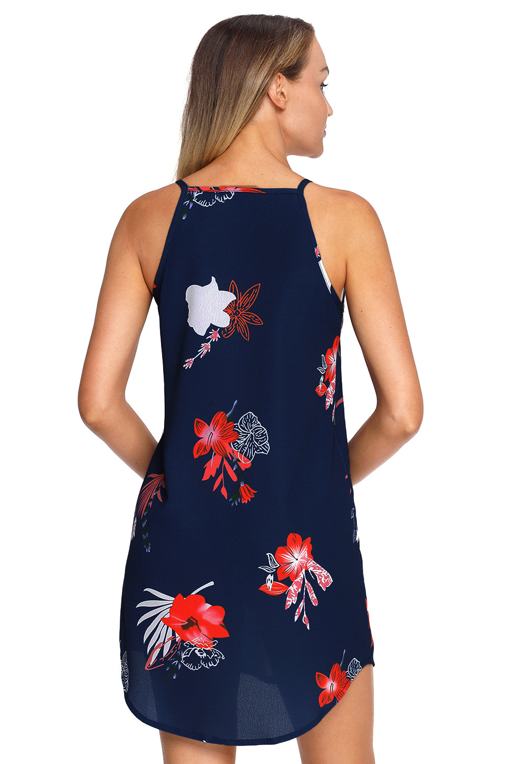 Blooming Red Flower Print Navy Sleeveless Dress