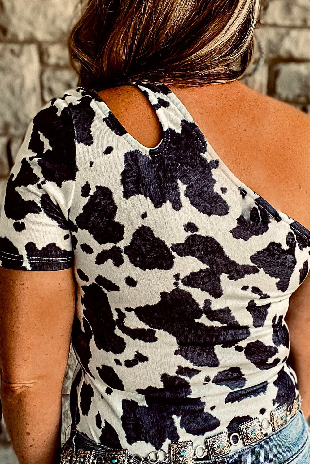 One Shoulder Cow Print Cut out Short Sleeve Top