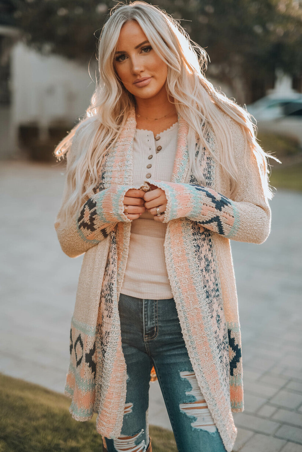 Aztec Print Open Front Cardigan