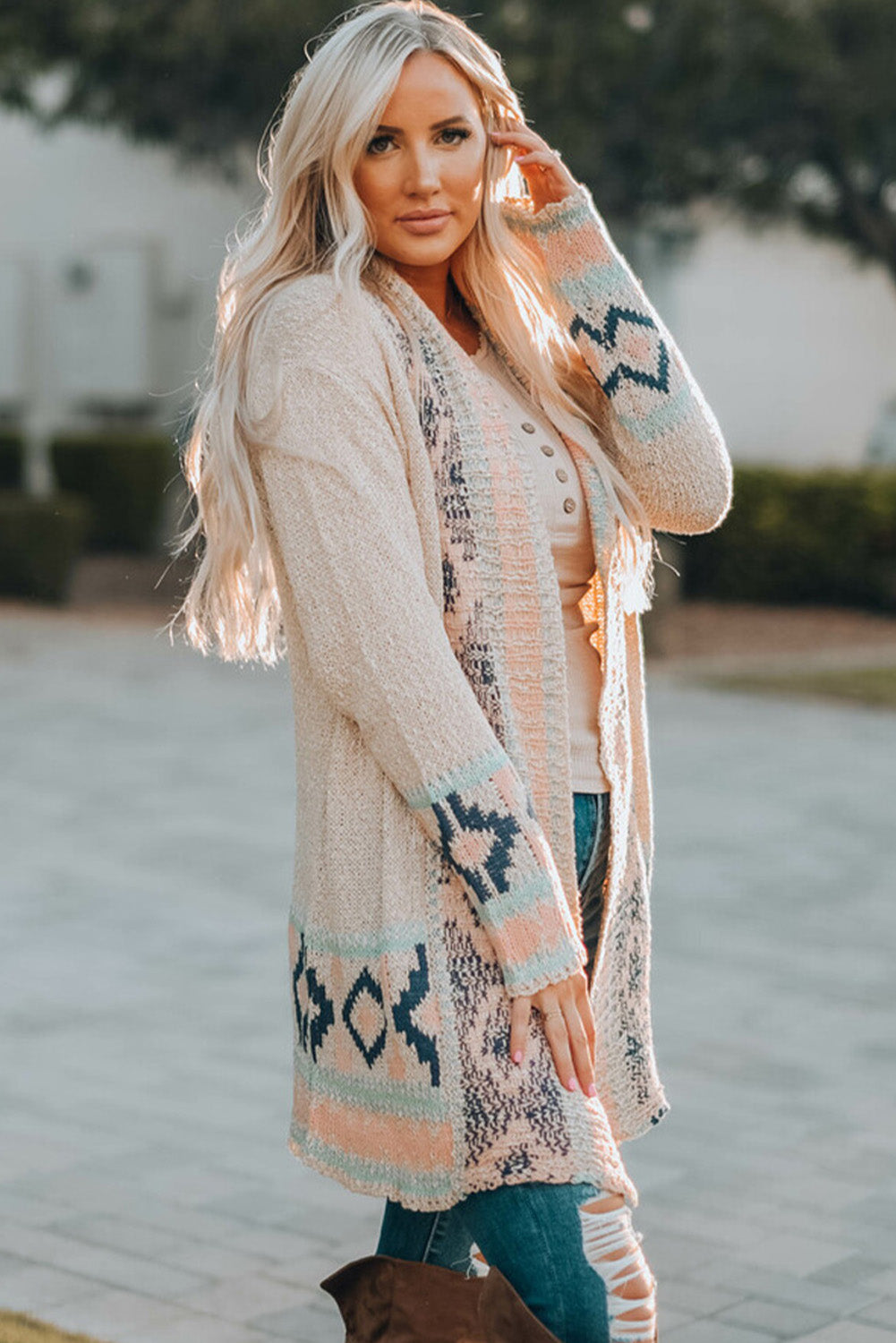 Aztec Print Open Front Cardigan