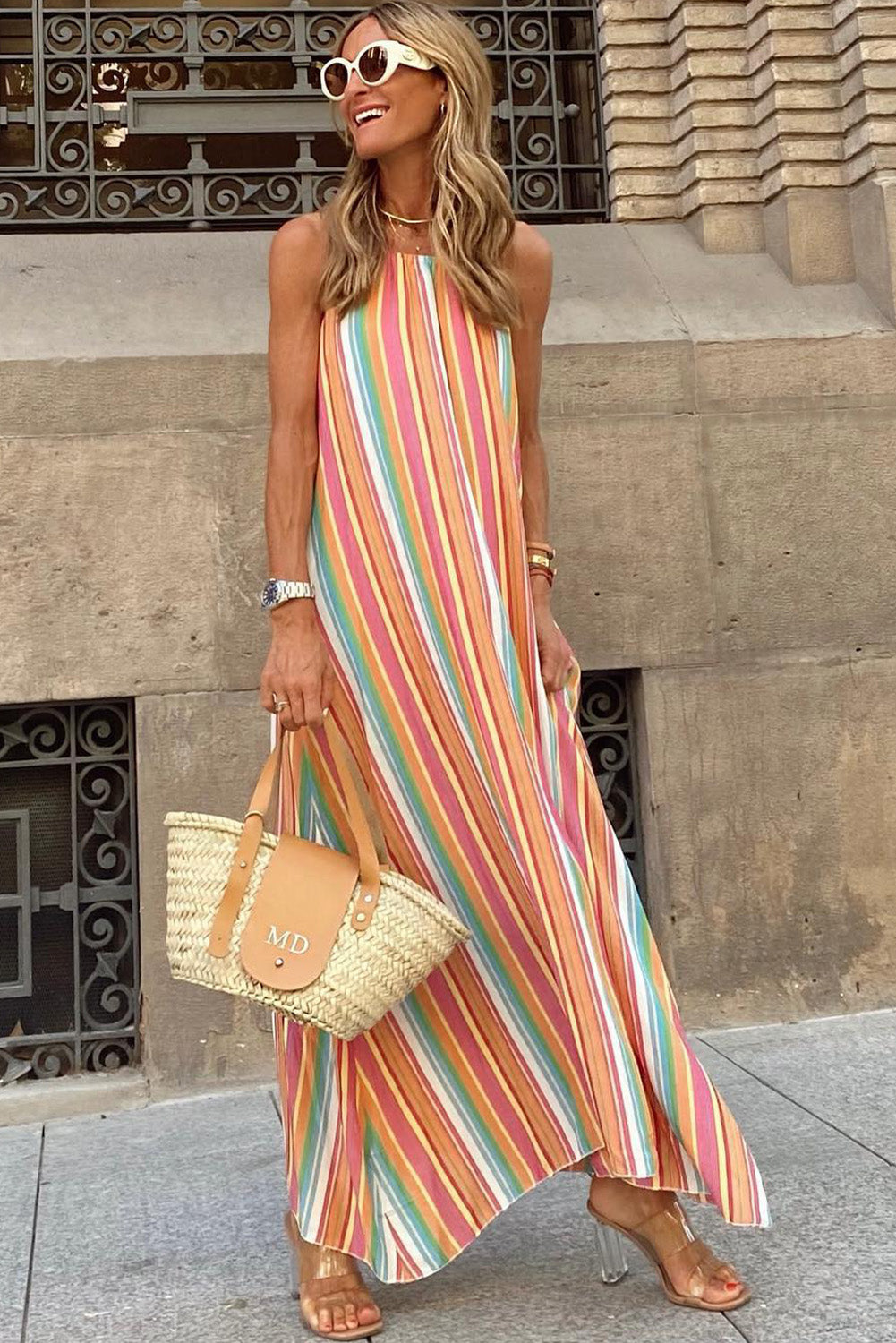 Bohemian Striped Print Sleeveless Holiday Maxi Dress