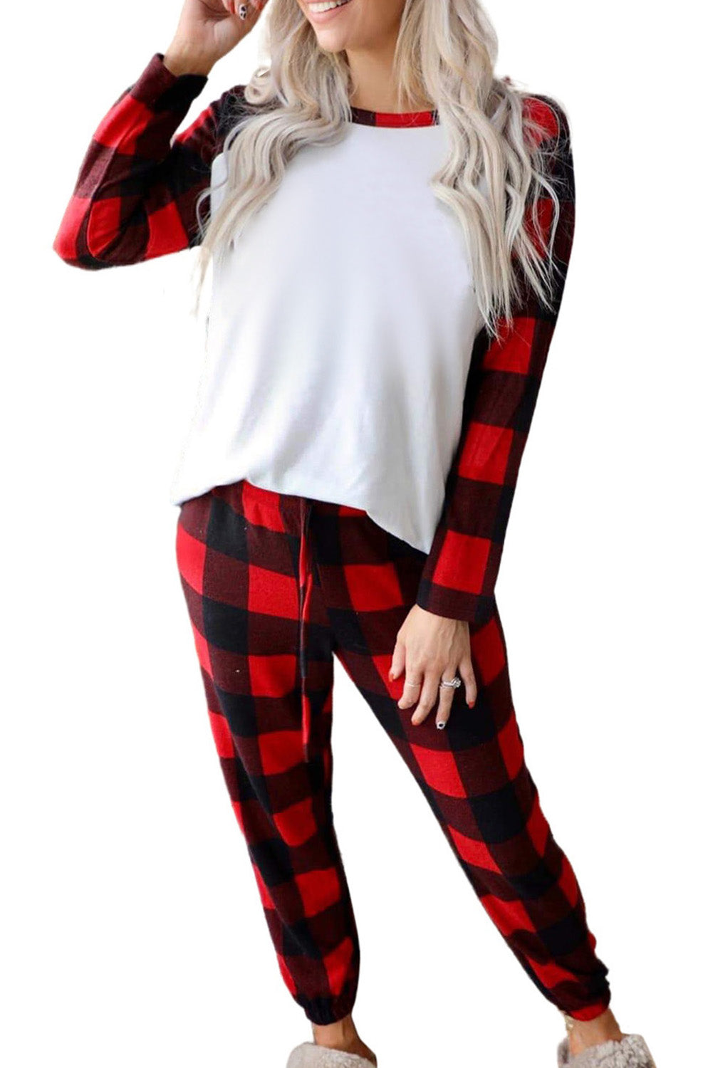 Plaid Raglan Sleeves Top and Drawstring Pants Lounge Set