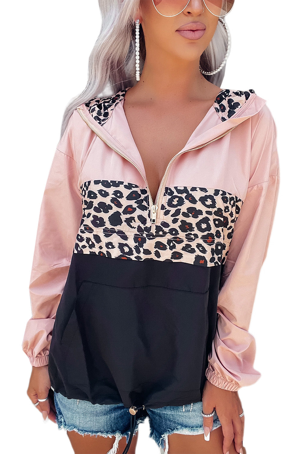 Leopard Patchwork Half Zip Pocketed Pullover Hoodie