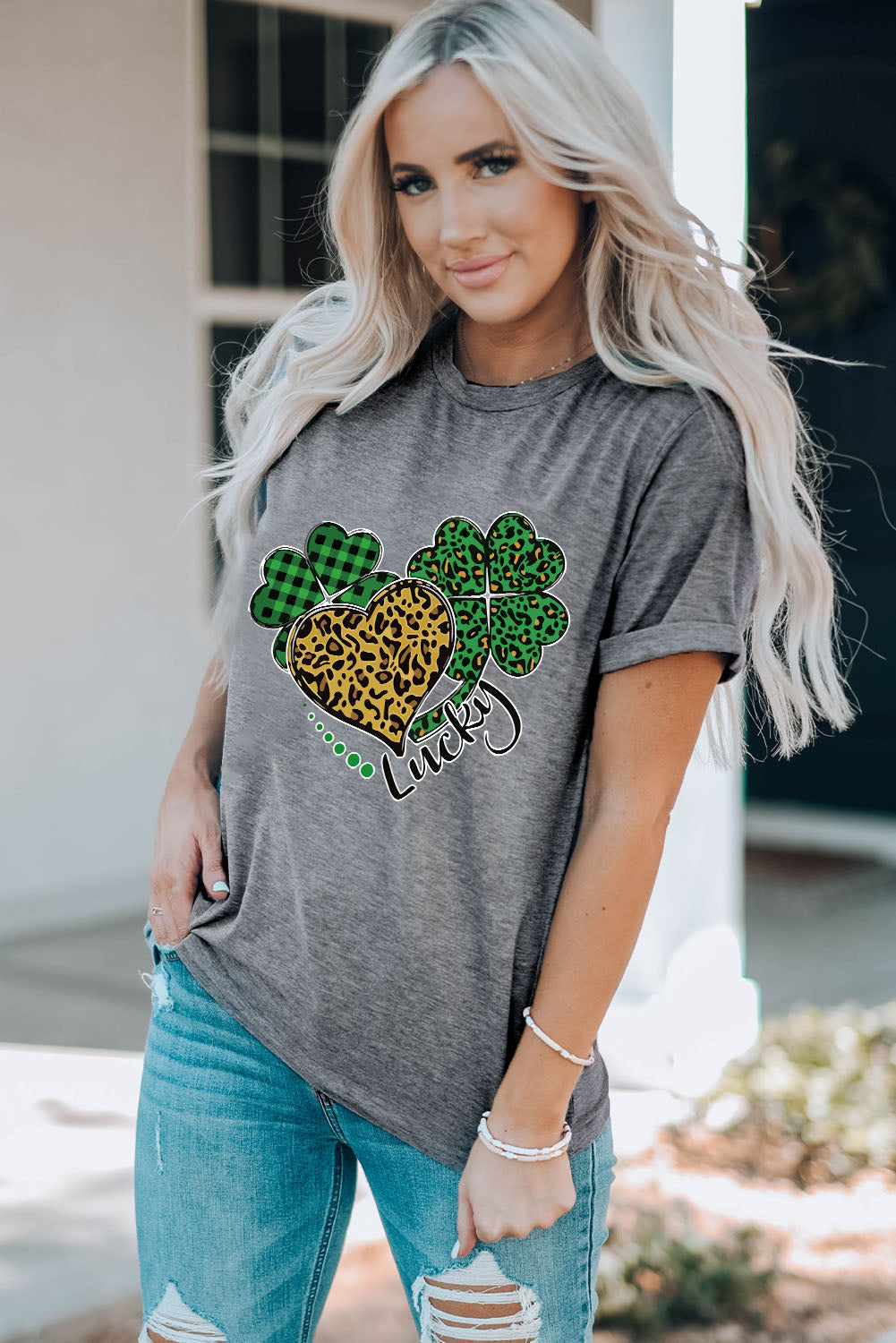 Leopard Plaid Heart Clover Graphic Print Short Sleeve T Shirt