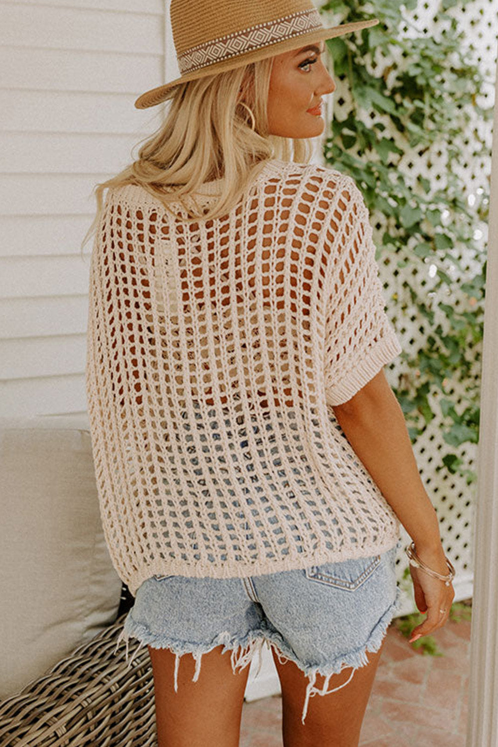 Fishnet Knit Ribbed Round Neck Short Sleeve Sweater Tee