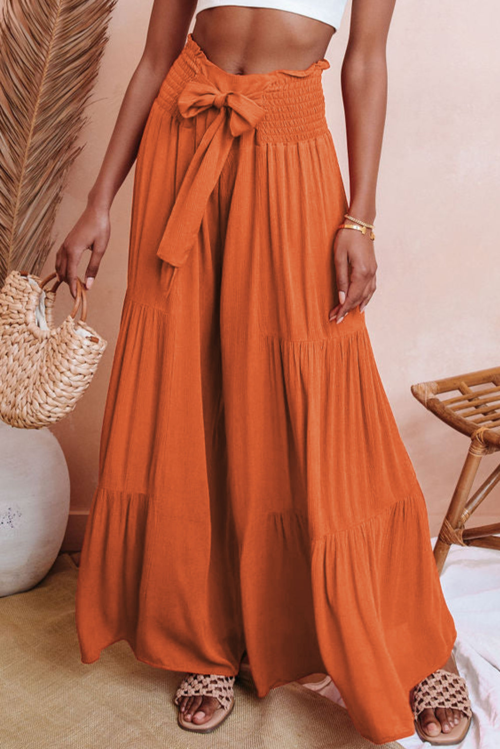 Smocked Waist Tiered Wide Leg Pants