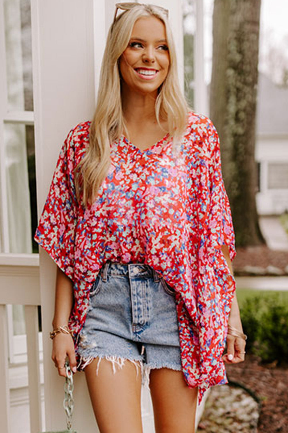 Abstract Floral Print Oversize Tunic Top