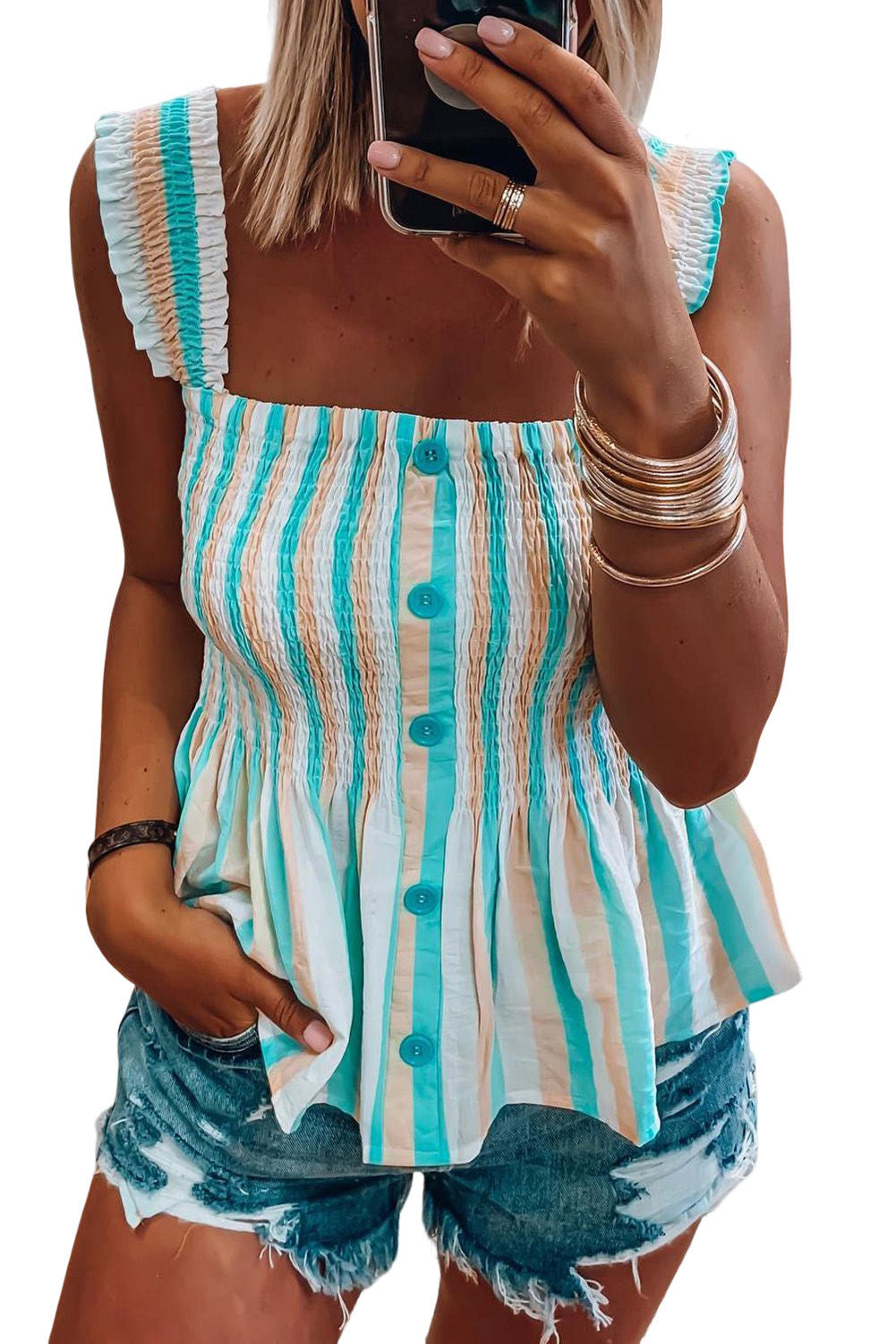 Striped Print Smocked Peplum Tank Top