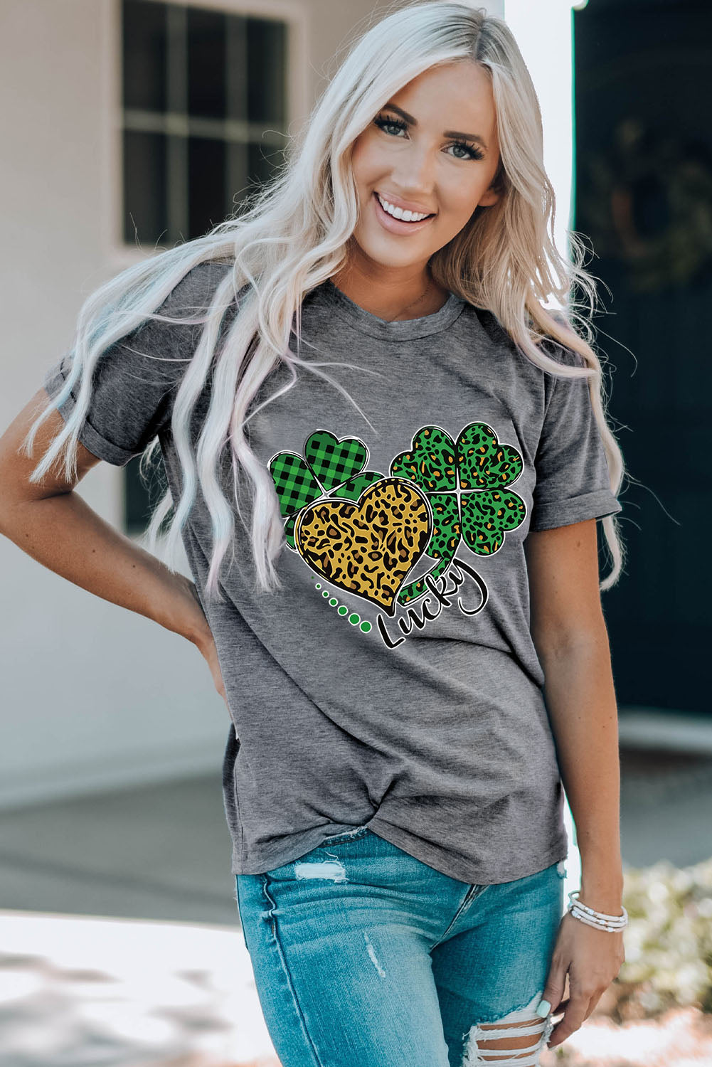 Leopard Plaid Heart Clover Graphic Print Short Sleeve T Shirt