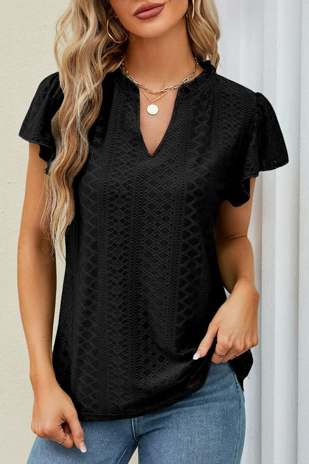 Eyelet Lace Textured V Neck Flutter Blouse