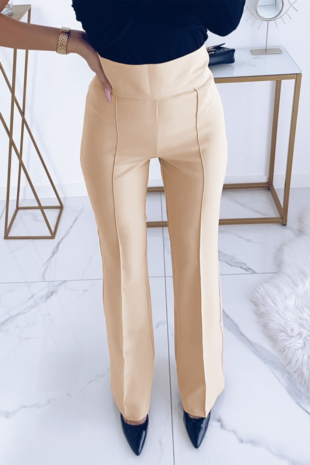 Khaki Solid Color High Waist Flared Leg Pants