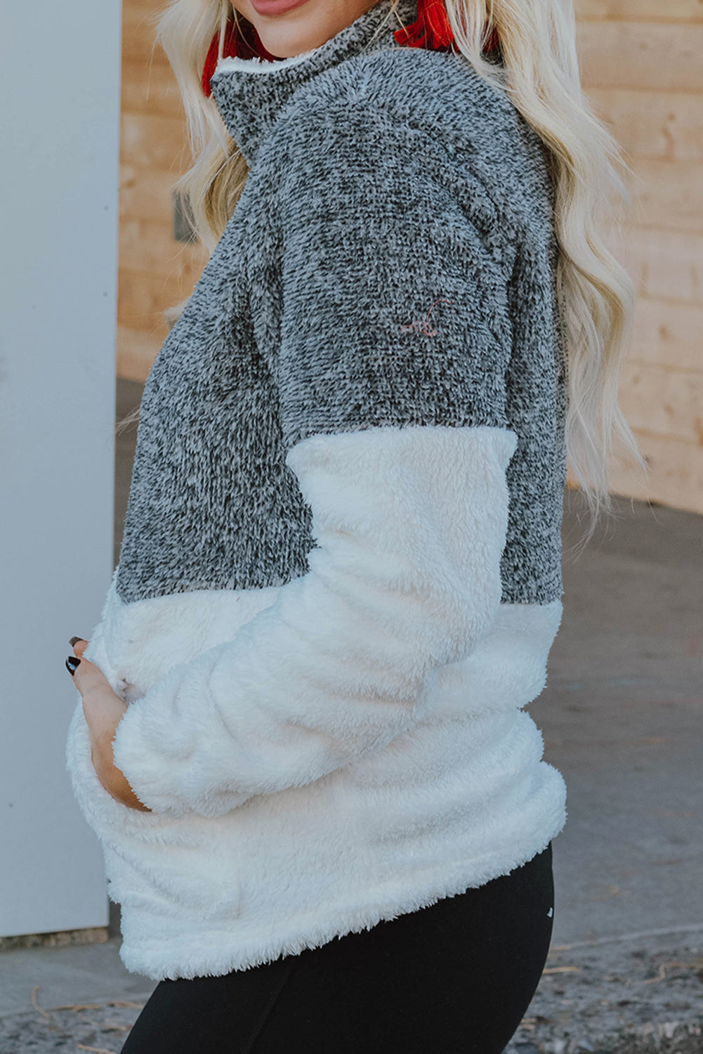 Charcoal White Zip Neck Oversize Fluffy Fleece Pullover