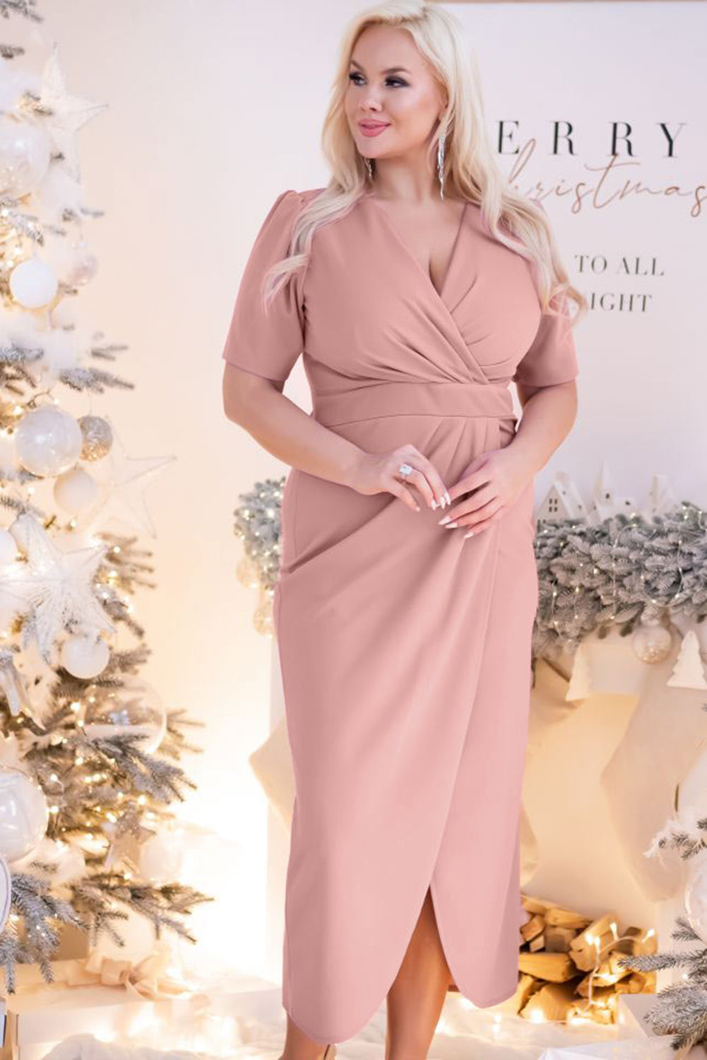 Plus Size Wrap V Neck Slit Hem Midi Dress