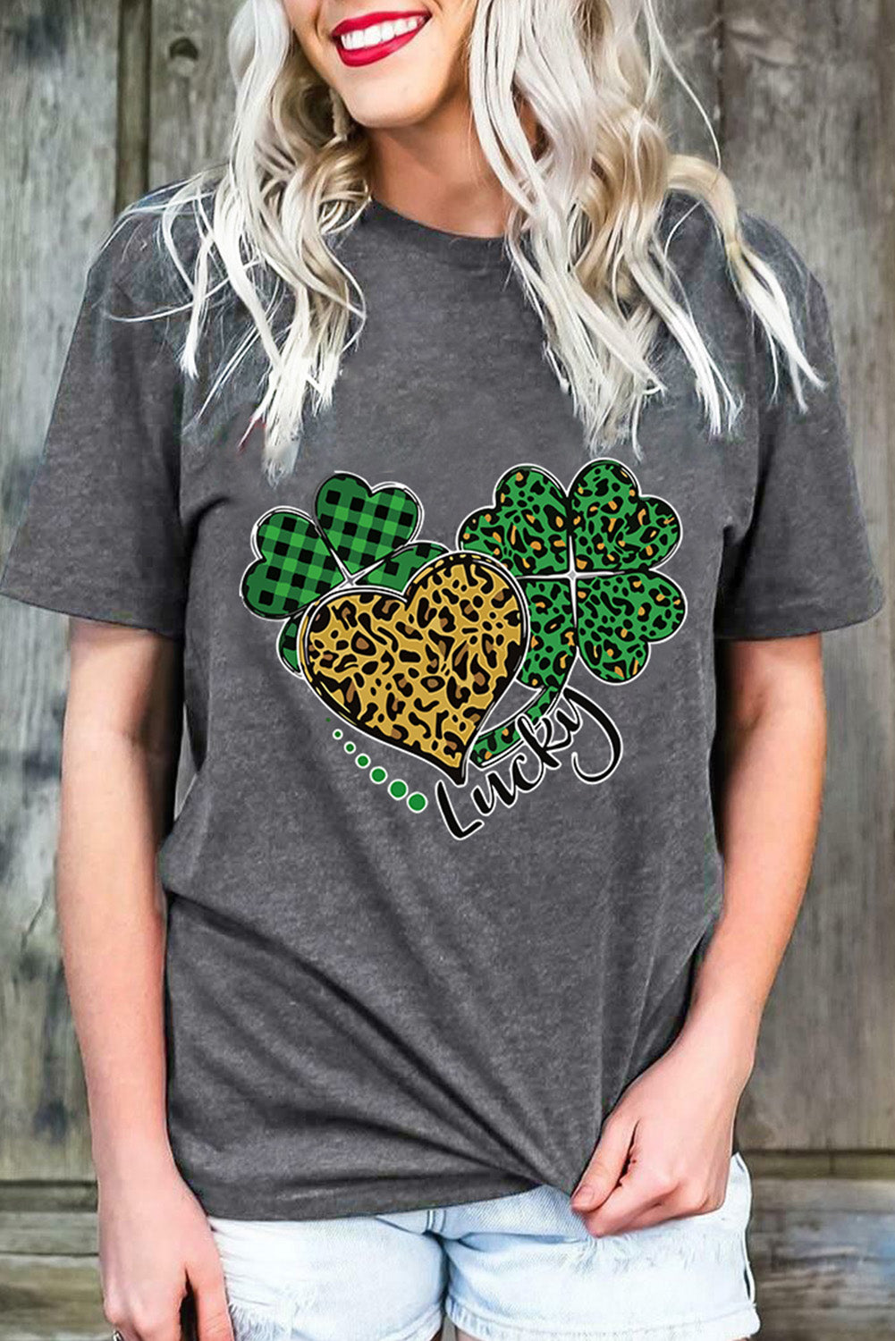 Leopard Plaid Heart Clover Graphic Print Short Sleeve T Shirt