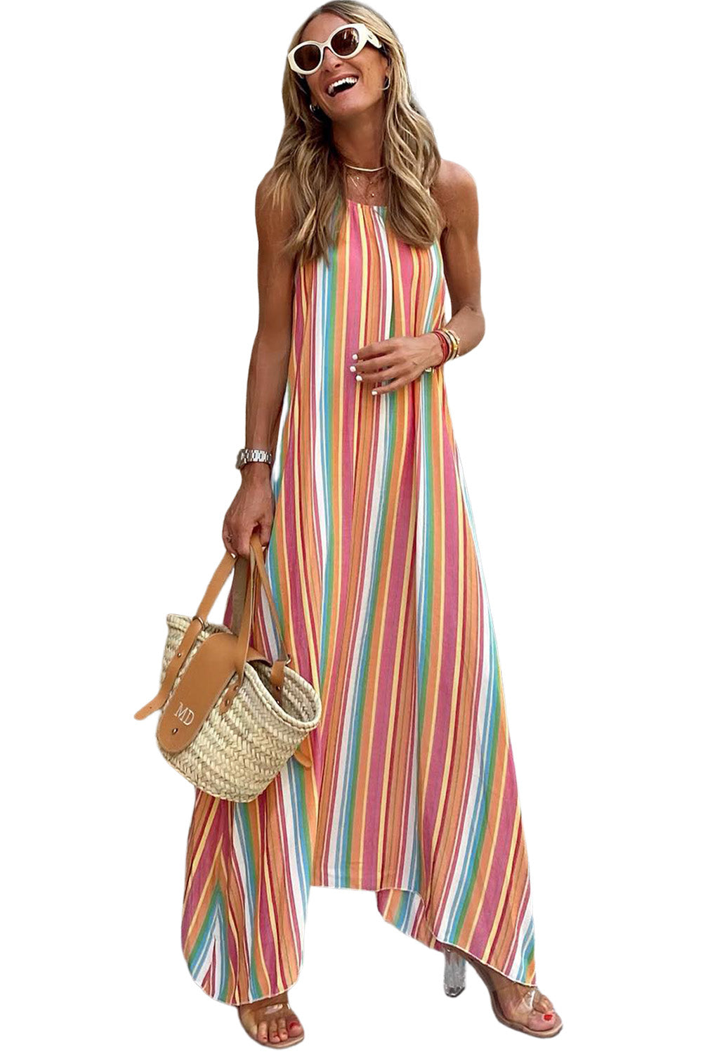 Bohemian Striped Print Sleeveless Holiday Maxi Dress