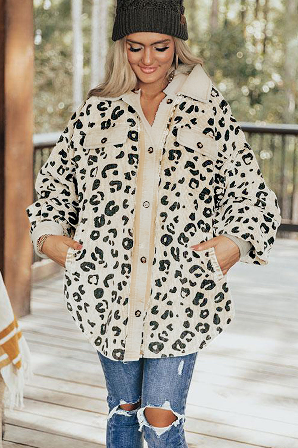 Collared Neckline Flap Pockets Leopard Corduroy Jacket