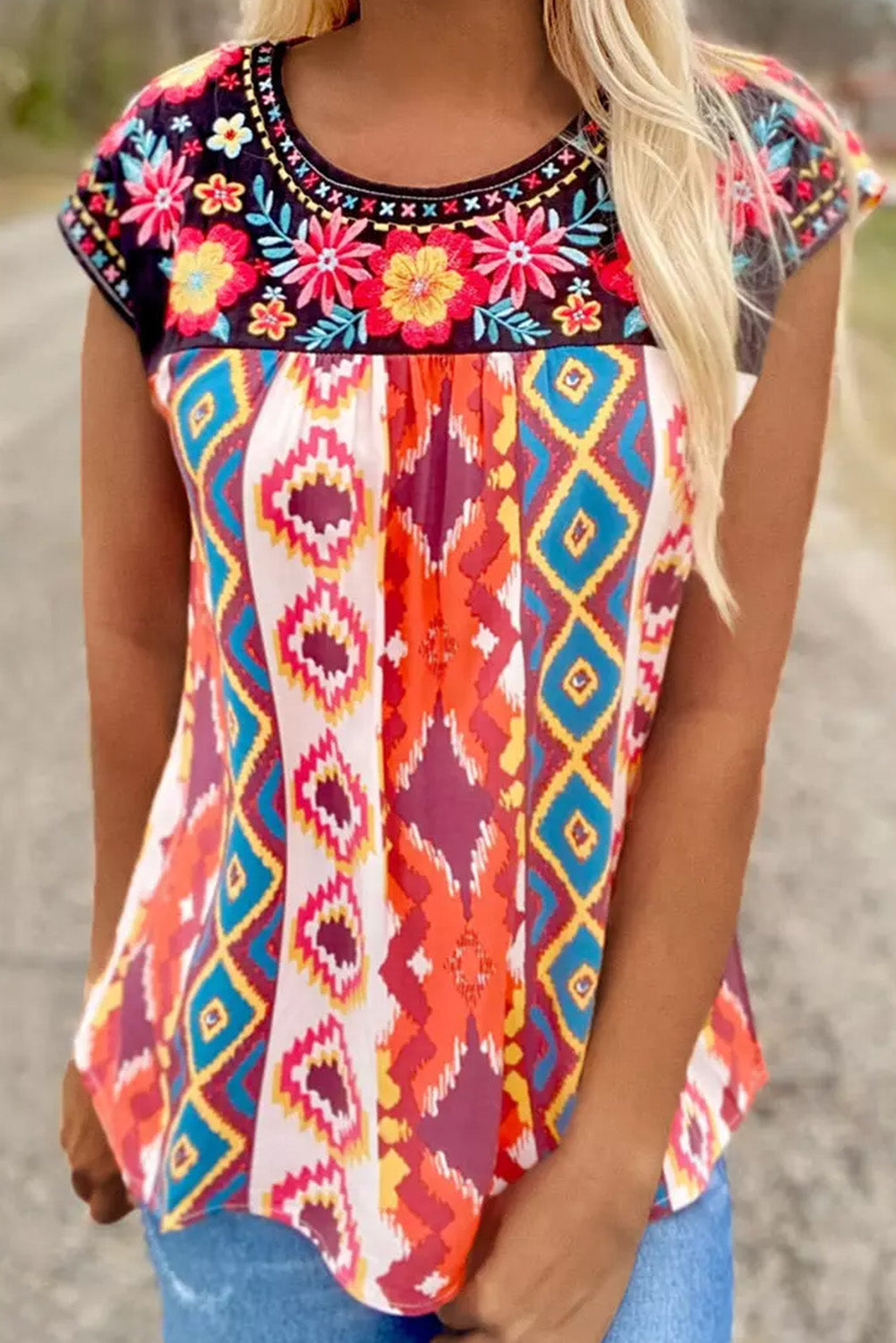 Multicolor Floral Aztec Geometric Cap Sleeve Top