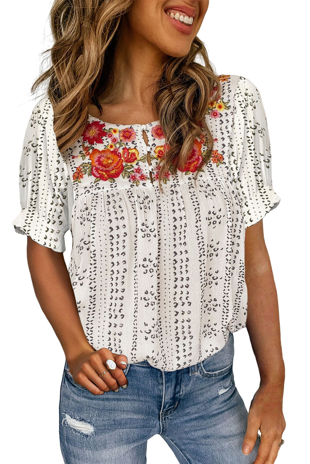 Floral Embroidered Ethnic Printed Crinkle Blouse