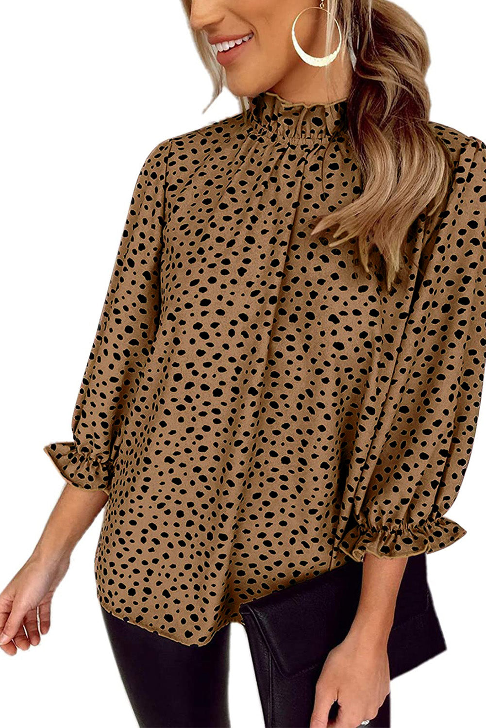 Frilled Neck 3/4 Sleeves Cheetah Blouse