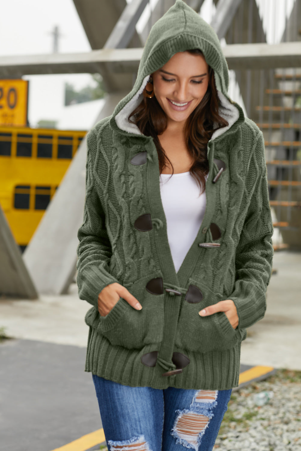 Army Green Fur Hood Horn Button Sweater Cardigan