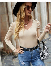 Load image into Gallery viewer, Ribbed V-Neck Puff Sleeve Sweater
