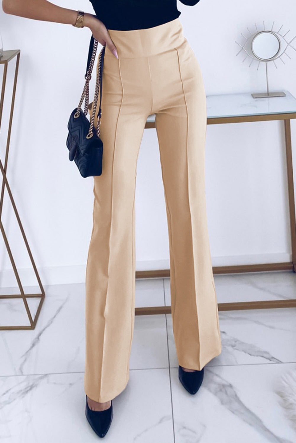 Khaki Solid Color High Waist Flared Leg Pants