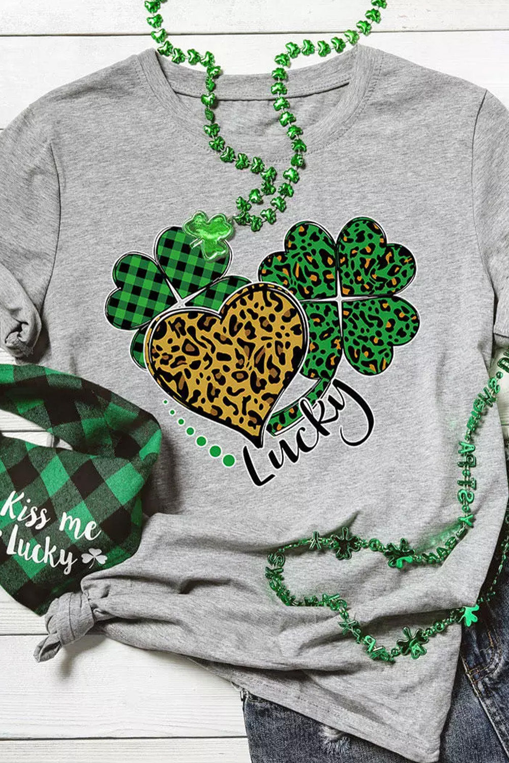 Leopard Plaid Heart Clover Graphic Print Short Sleeve T Shirt