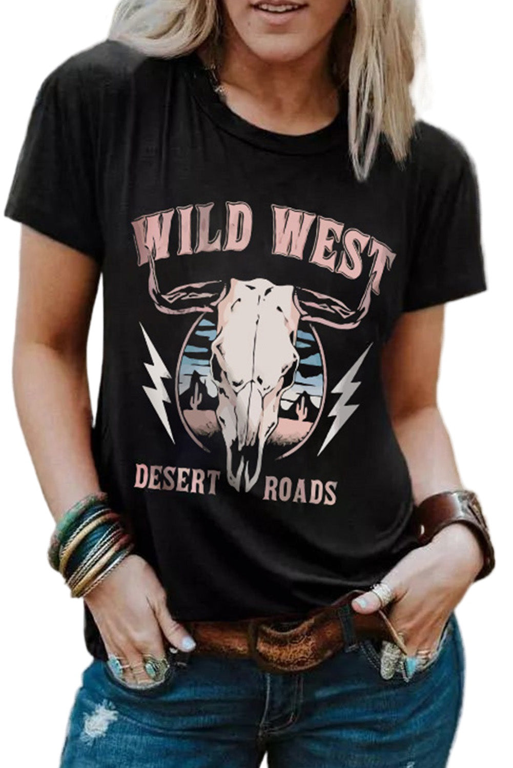 Wild West Desert Roads Bull Skull Graphic Tee