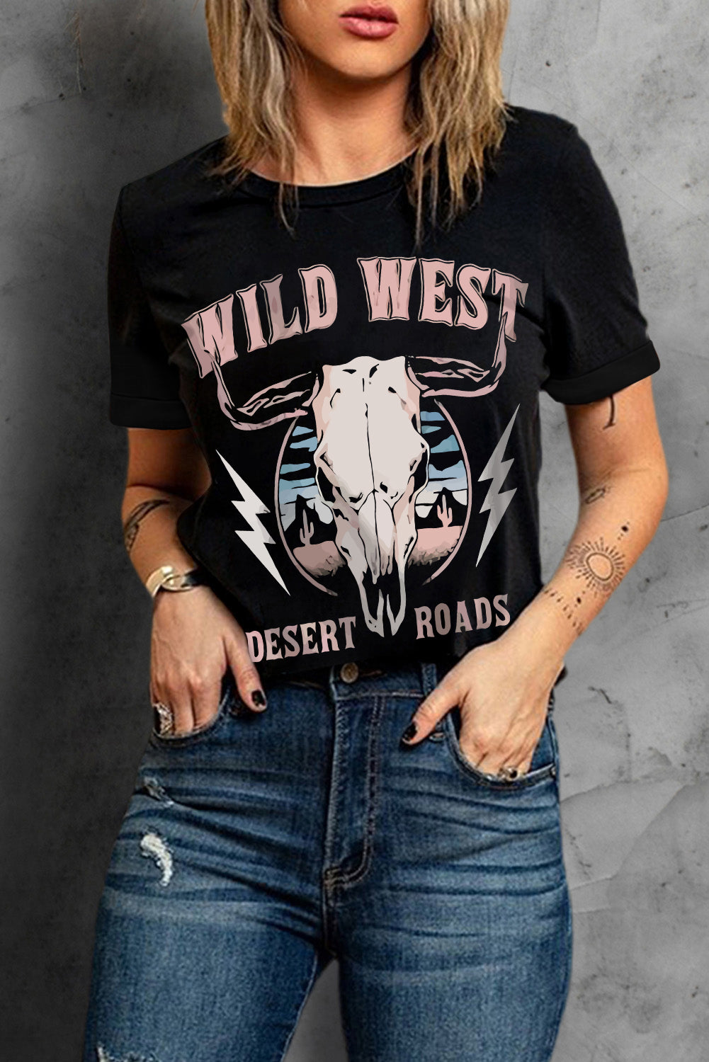 Wild West Desert Roads Bull Skull Graphic Tee