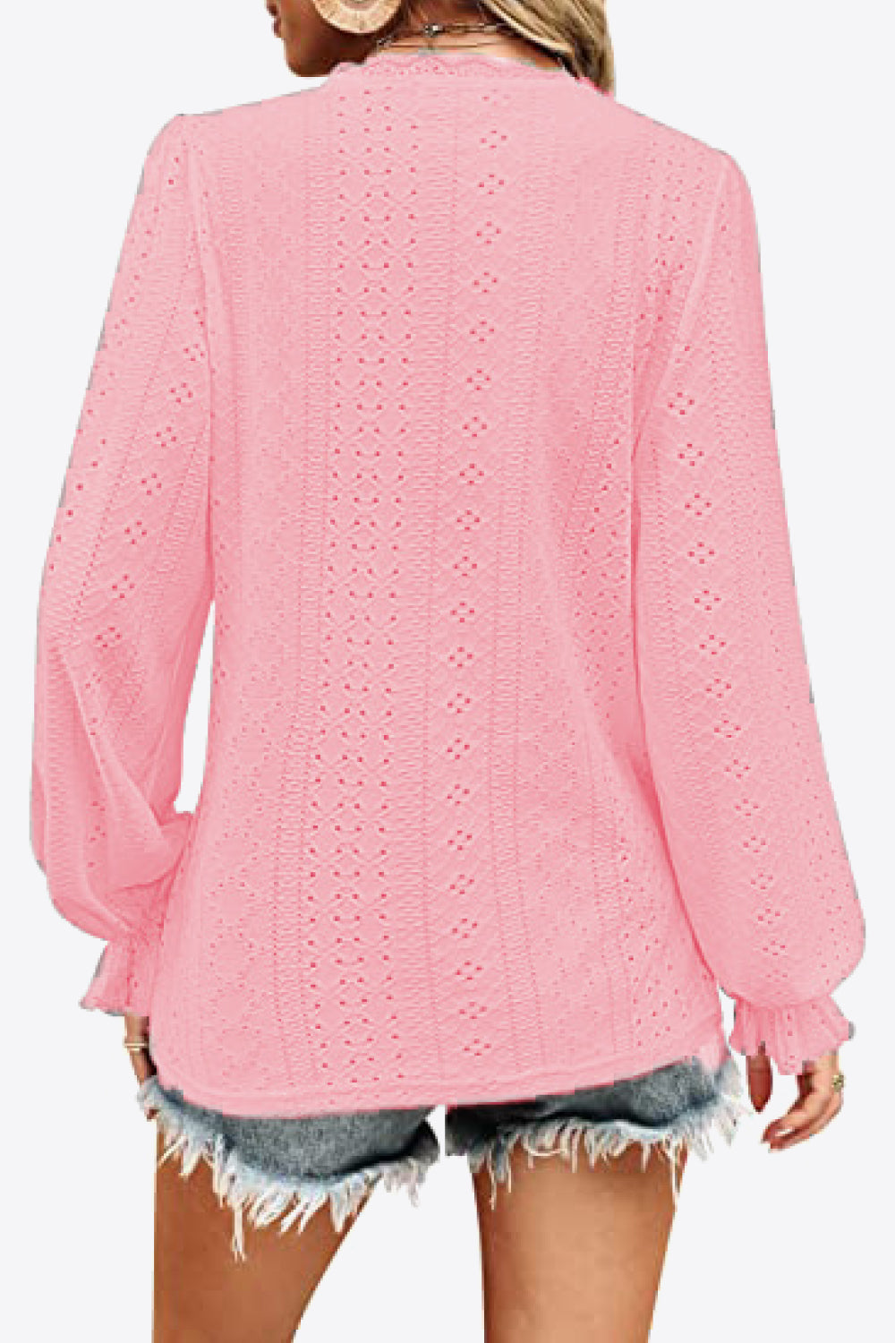 Eyelet V-Neck Flounce Sleeve Blouse