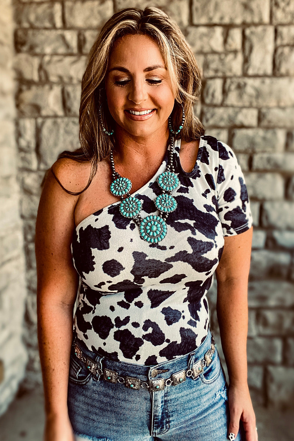 One Shoulder Cow Print Cut out Short Sleeve Top