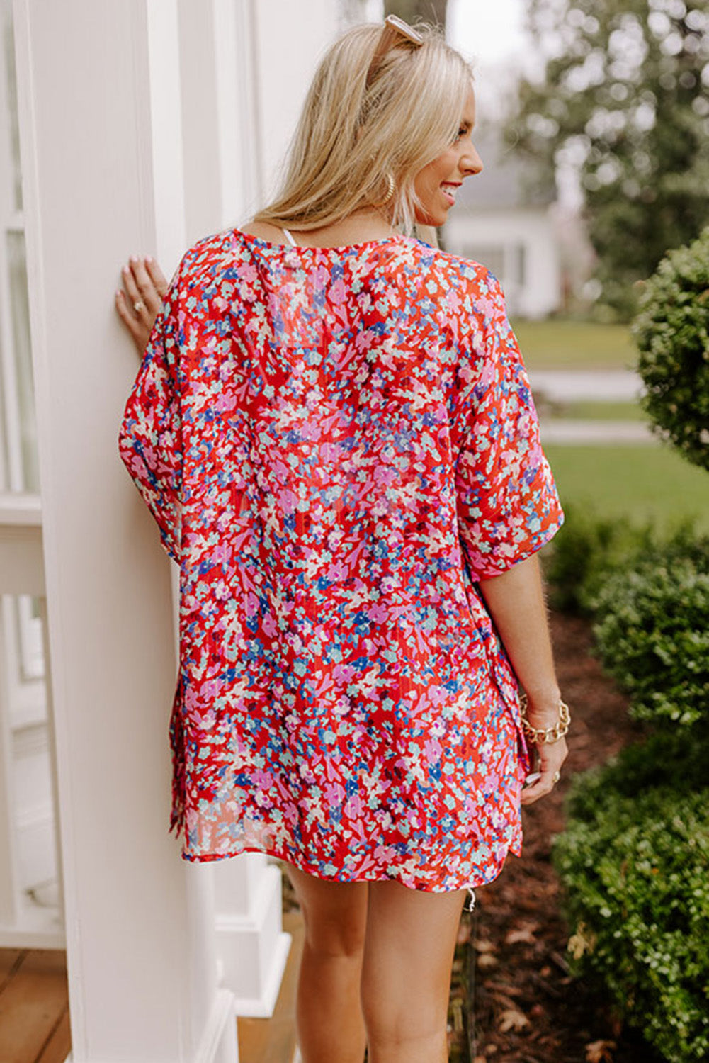 Abstract Floral Print Oversize Tunic Top