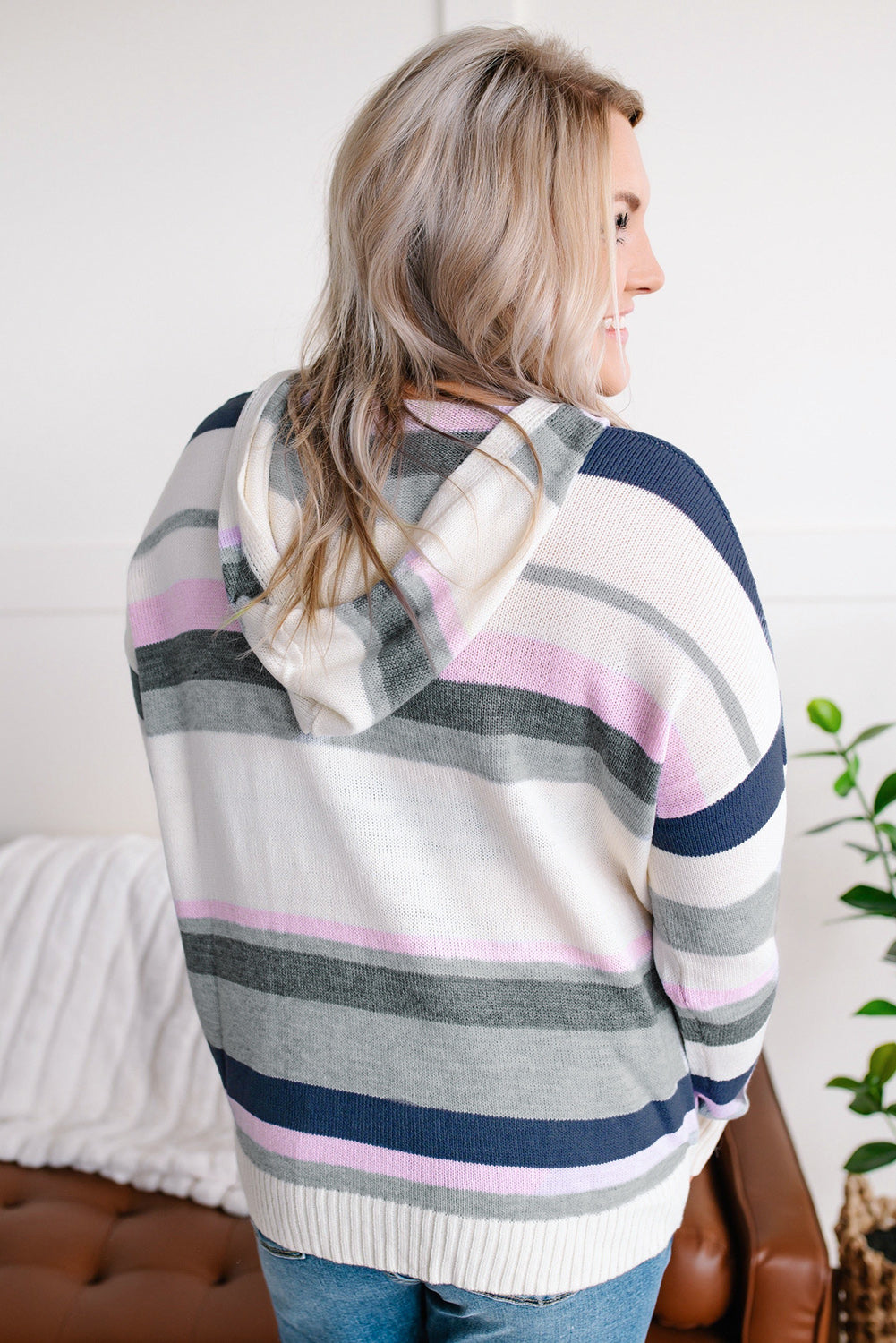 Plus Size Striped Hooded Knit Sweater