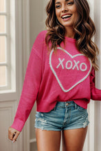 Load image into Gallery viewer, XOXO Heart Round Neck Dropped Shoulder Sweater
