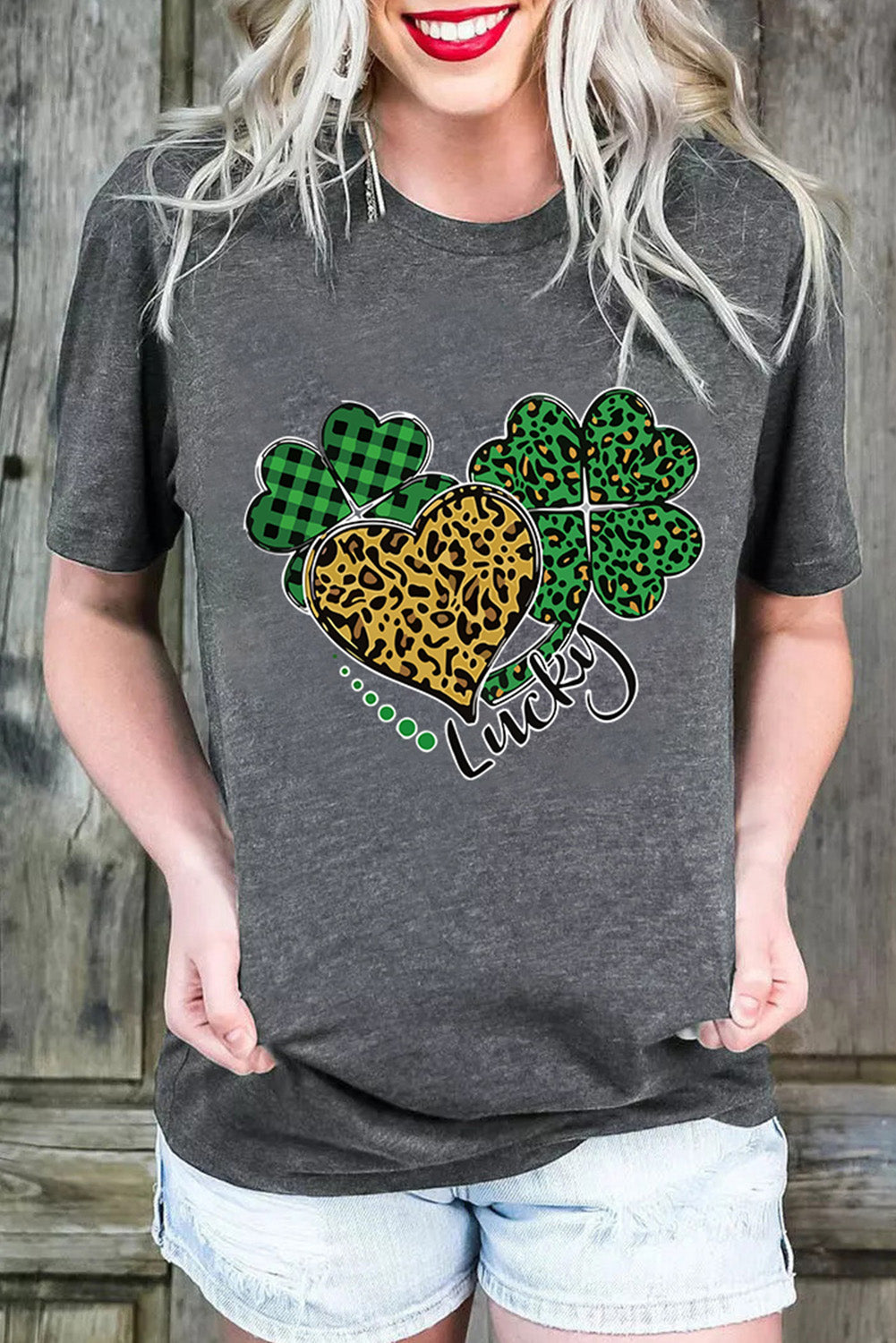 Leopard Plaid Heart Clover Graphic Print Short Sleeve T Shirt