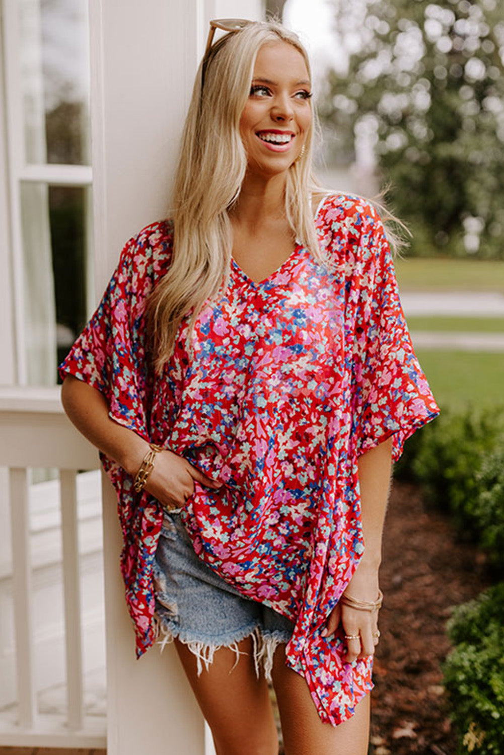 Abstract Floral Print Oversize Tunic Top