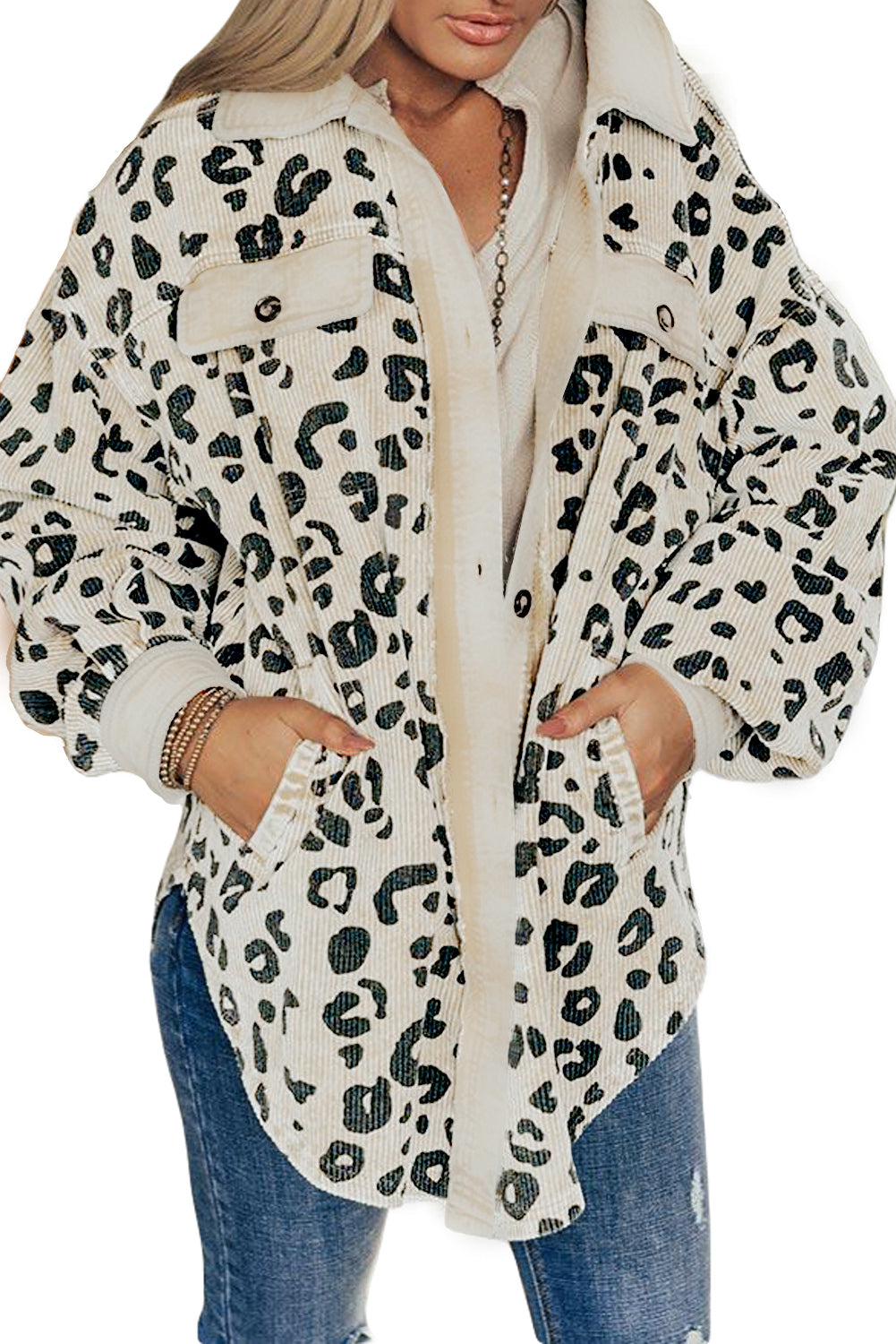 Collared Neckline Flap Pockets Leopard Corduroy Jacket