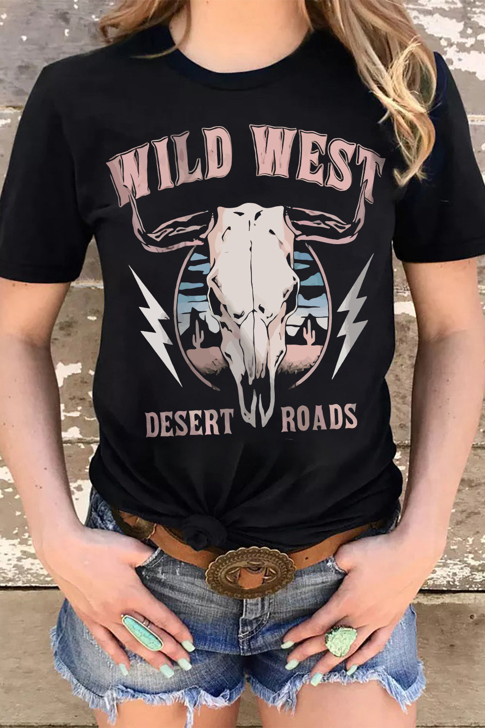 Wild West Desert Roads Bull Skull Graphic Tee