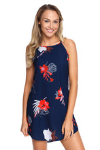 Load image into Gallery viewer, Blooming Red Flower Print Navy Sleeveless Dress
