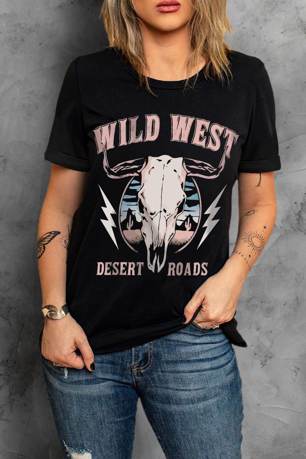 Wild West Desert Roads Bull Skull Graphic Tee