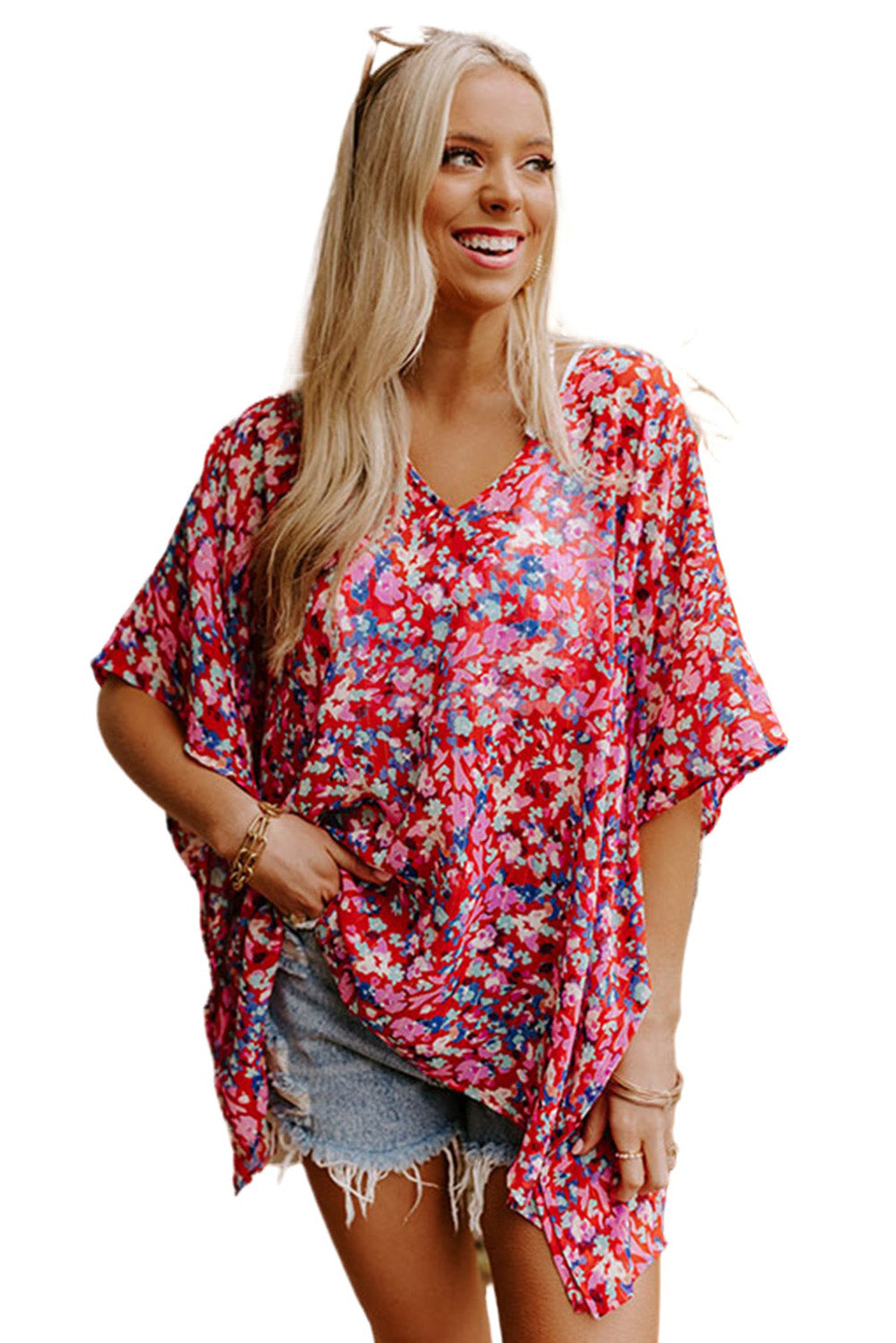 Abstract Floral Print Oversize Tunic Top