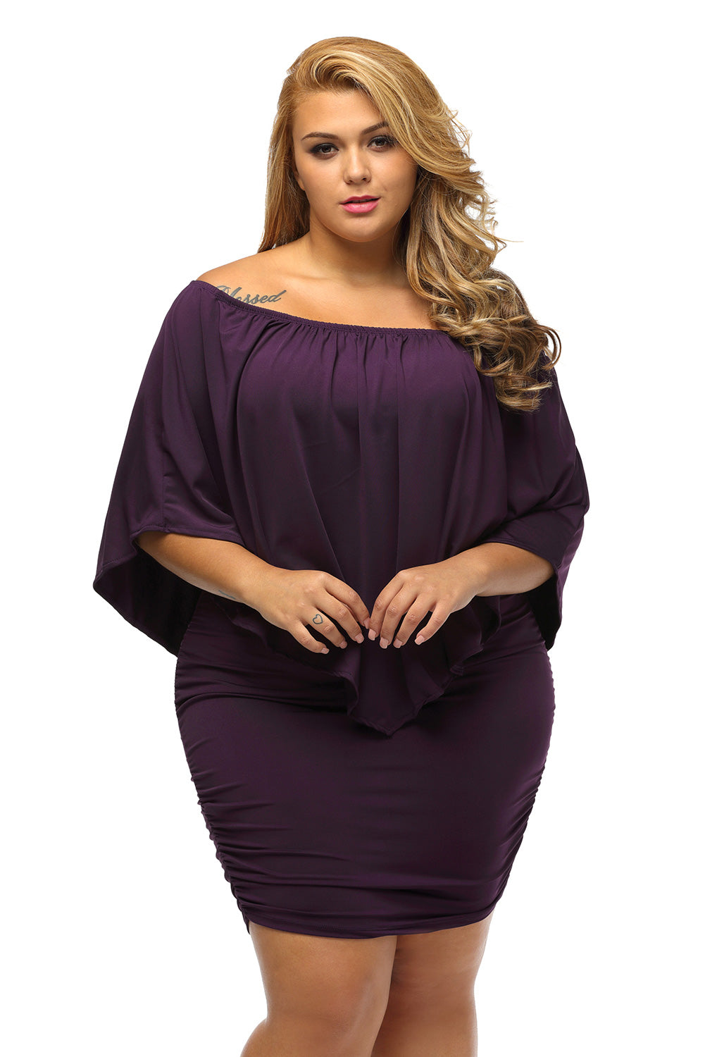 Plus Size Multiple Dressing Layered Purple Mini Poncho Dress