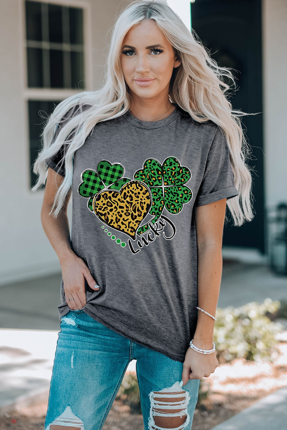 Leopard Plaid Heart Clover Graphic Print Short Sleeve T Shirt